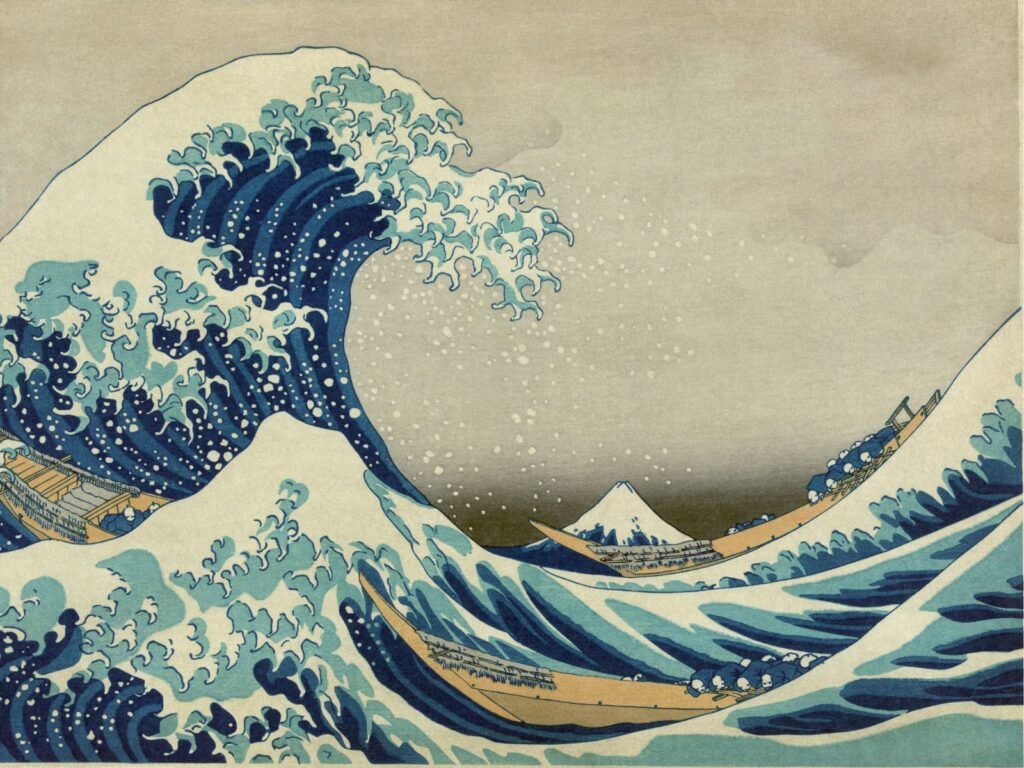 Por Após Katsushika Hokusai - Restored version of File:Great Wave off Kanagawa.jpg (rotated and cropped, dirt, stains, and smudges removed. Creases corrected. Histogram adjusted and color balanced.), Domínio público, https://commons.wikimedia.org/w/index.php?curid=5576388